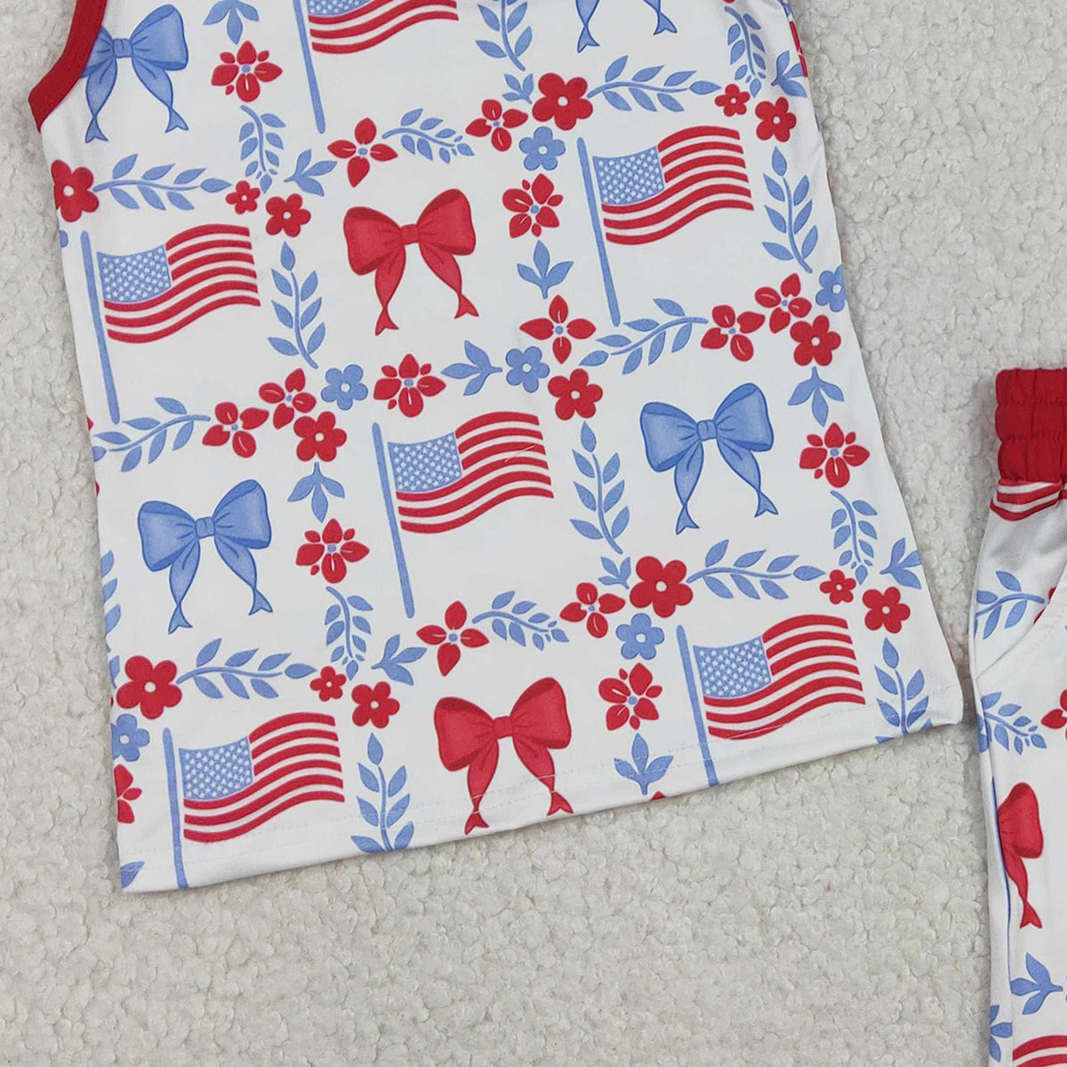 RTS NO MOQ GSSO3094 Baby Girls 4th of July Outfit Set with Red Blue Flowers Top And Short Pockets Casual Clothing