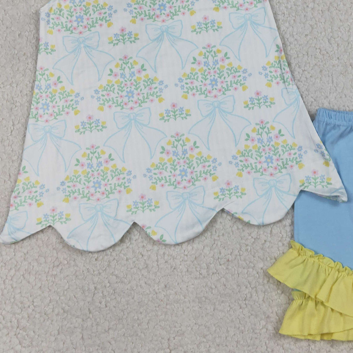 RTS NO MOQ GSSO2767 Baby Girls Bow Flowers Checked Scallop Tunic Ruffle Shorts Outfit Set Cute Clothing