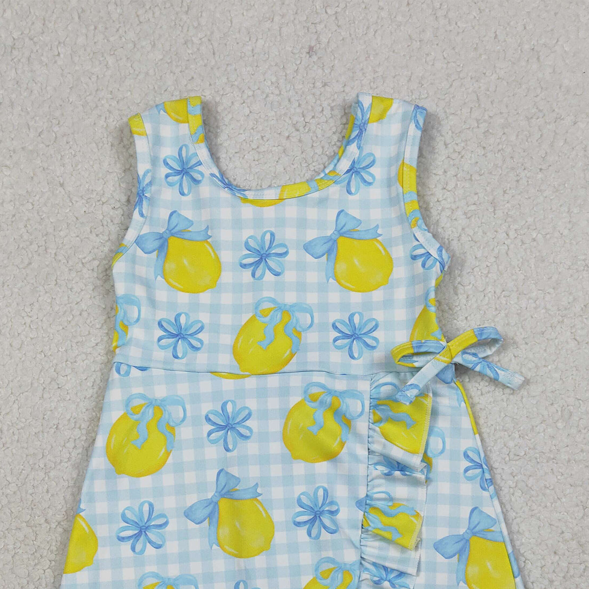 RTS NO MOQ GSD3684 Baby Girls Blue Checked Dress with Bow Lemons Back Zip Ruffle Knee Length Yoga Active Shorts for Kids