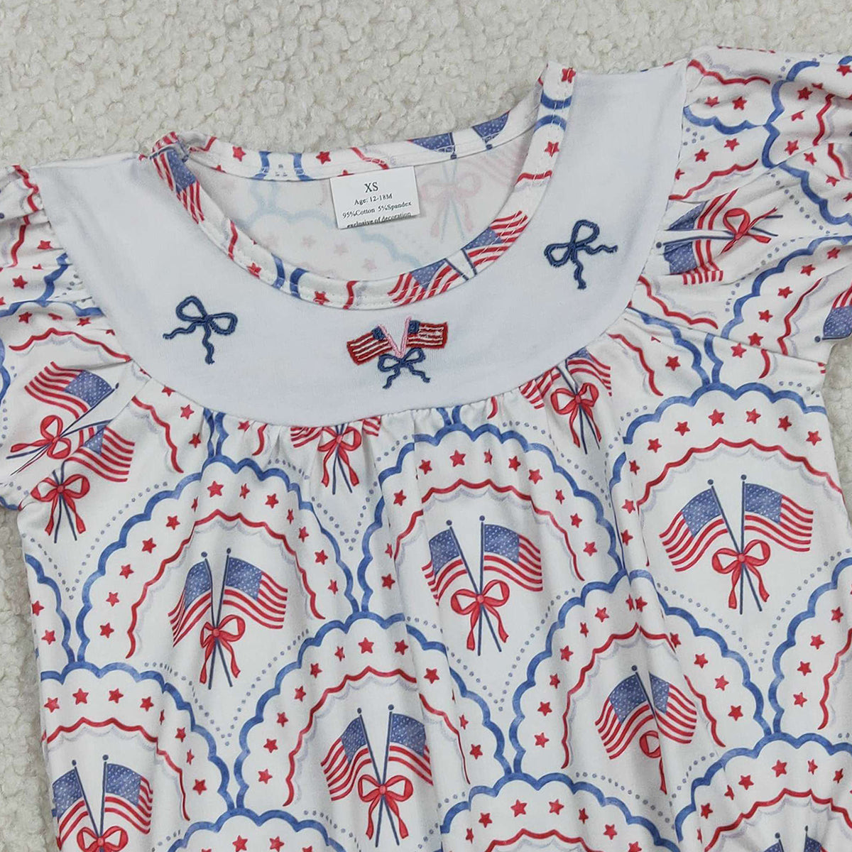 RTS NO MOQ SR3887 Embroidered Baby Girls Bows Flags Ruffle Rompers Checked 4th of July Outfit for Girls