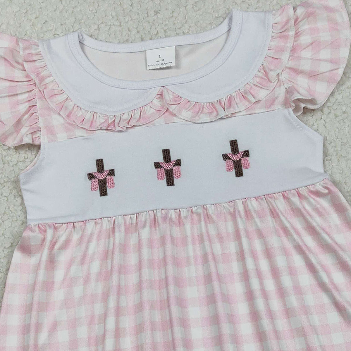 RTS NO MOQ GSD3382 Baby Girls Pink Checked Knee-Length Dress with Easter Collar Embroidery Crosses