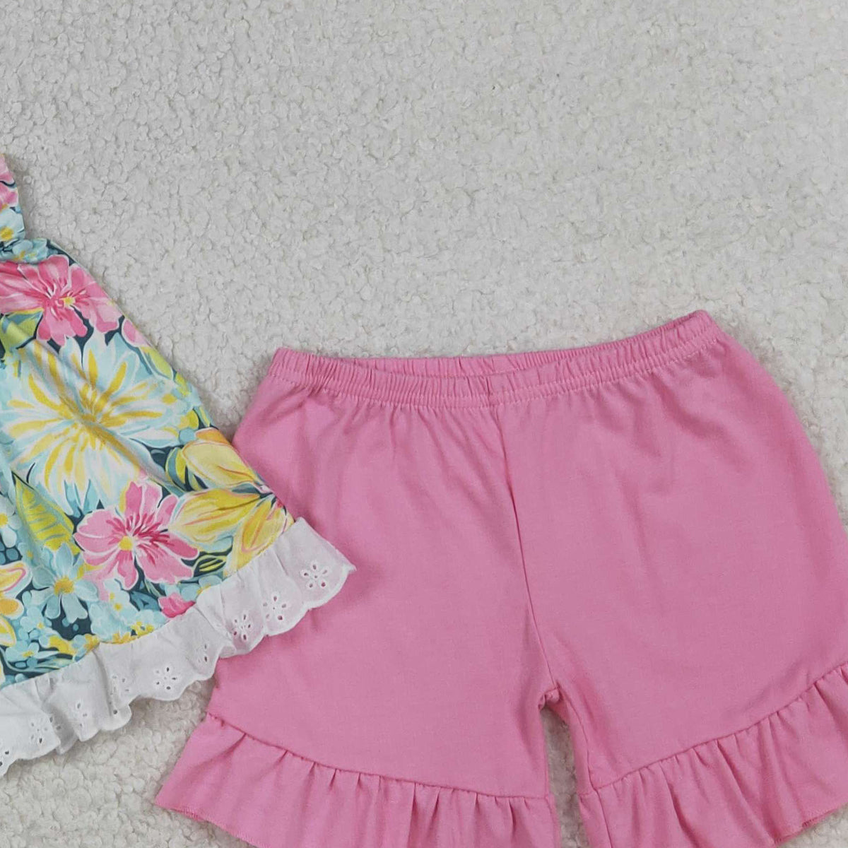 RTS NO MOQ GSSO3034 Baby Girls Colorful Flowers Strap Tunic Ruffle Shorts Outfit Set