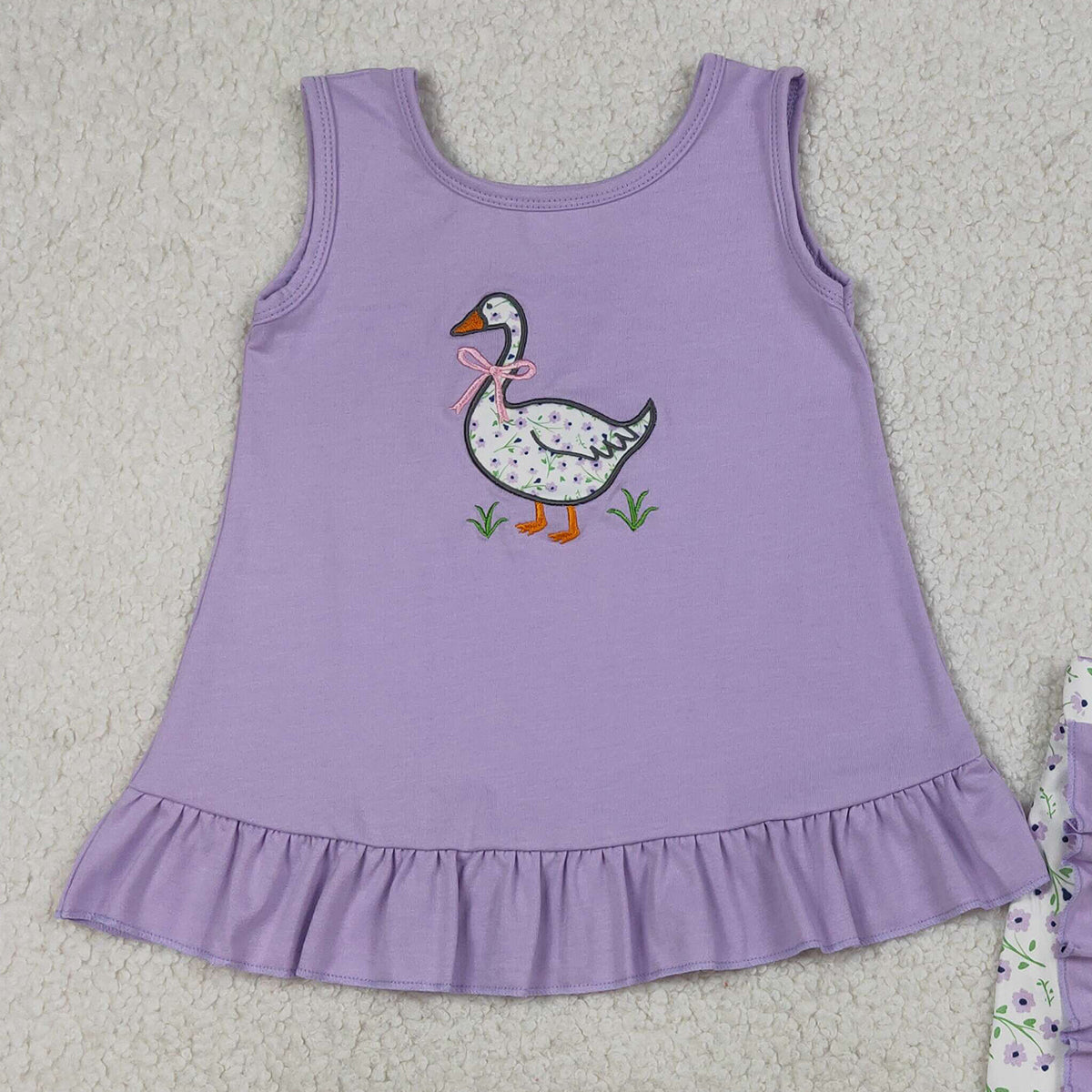 RTS NO MOQ GSSO2774 Embroidery Floral Goose Baby Girls Lavender Tunic And Ruffle Shorts Outfit Set