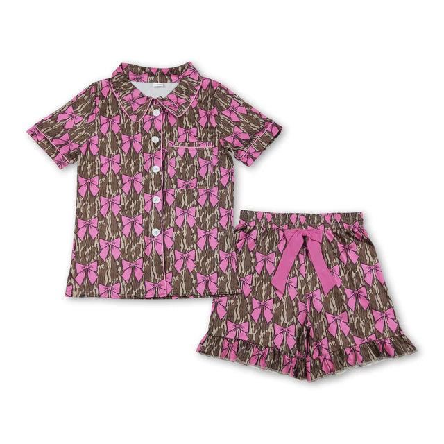 RTS NO MOQ Sibling Adult Women Camo Button Pocket Top Ruffle Shorts Pajamas Set