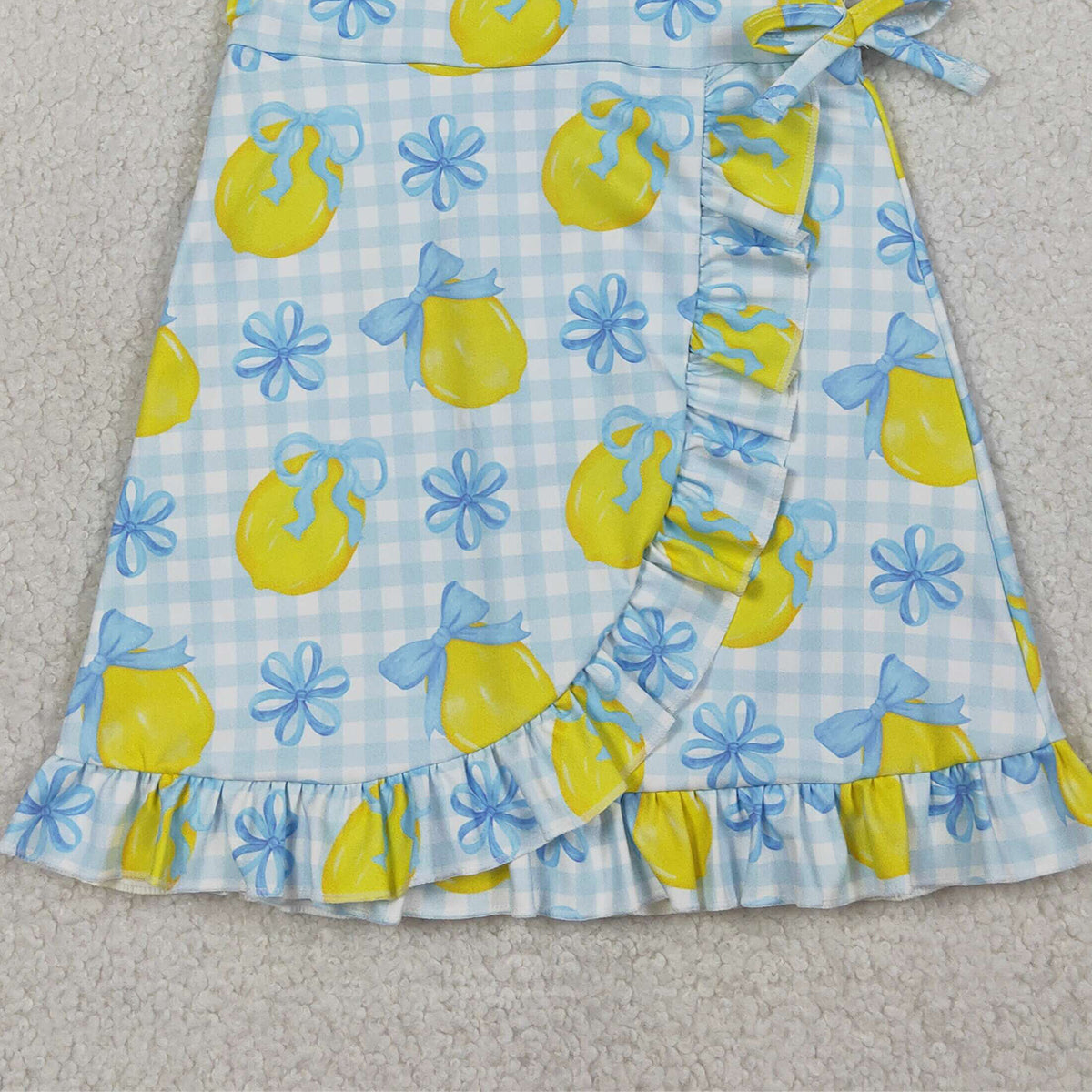 RTS NO MOQ GSD3684 Baby Girls Blue Checked Dress with Bow Lemons Back Zip Ruffle Knee Length Yoga Active Shorts for Kids