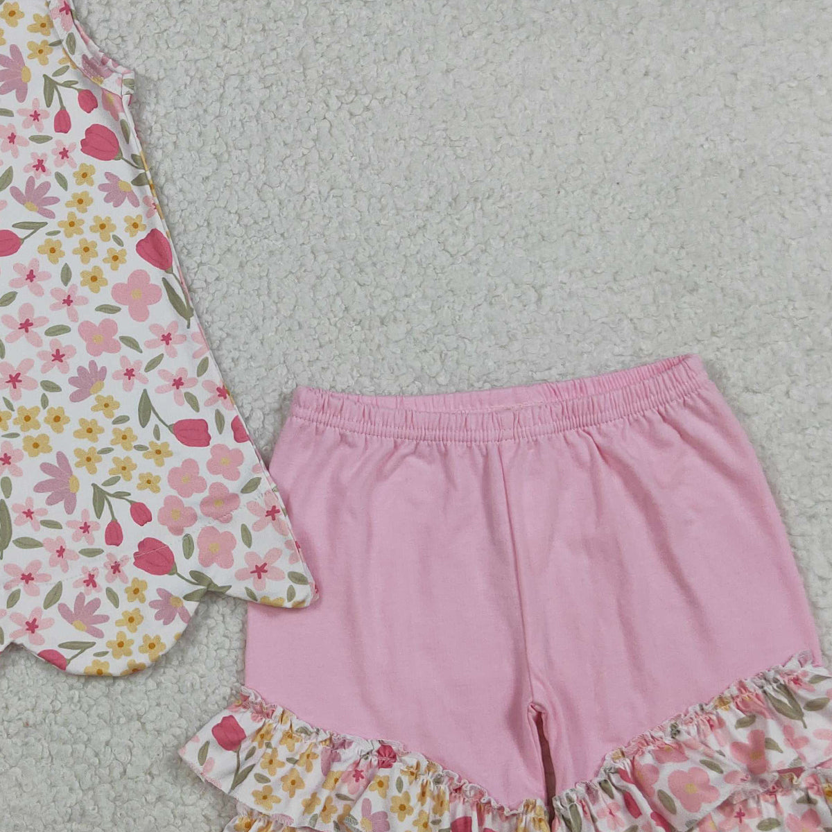 RTS NO MOQ GSSO3389 Baby Girls Colorful Flowers Scallop Tunic Ruffle Shorts Outfit Set Cute Baby Girl Clothing Set
