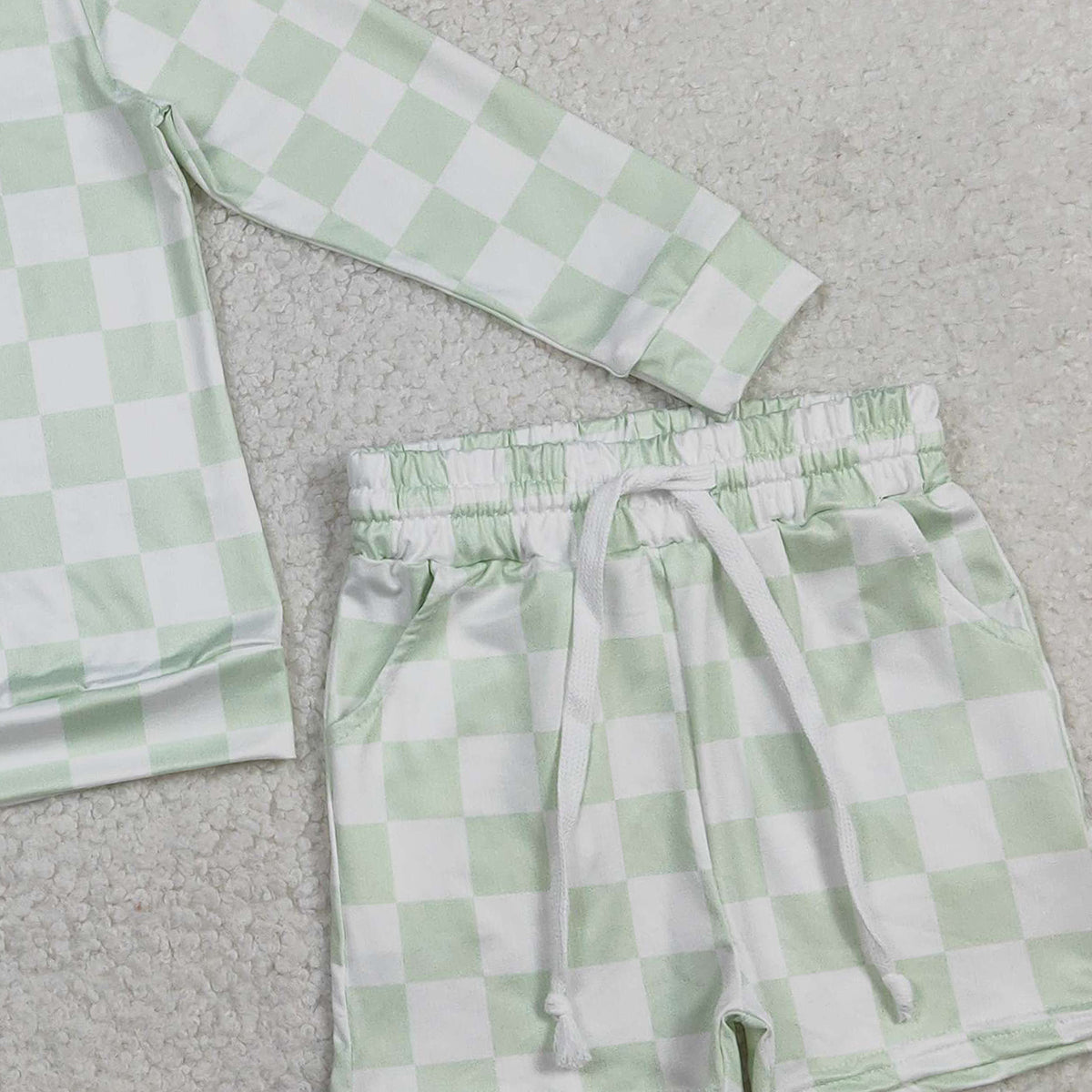 RTS NO MOQ GLS0086 Baby Girls Light Green Checked Long Sleeve Top with Pockets Shorts Outfit Set