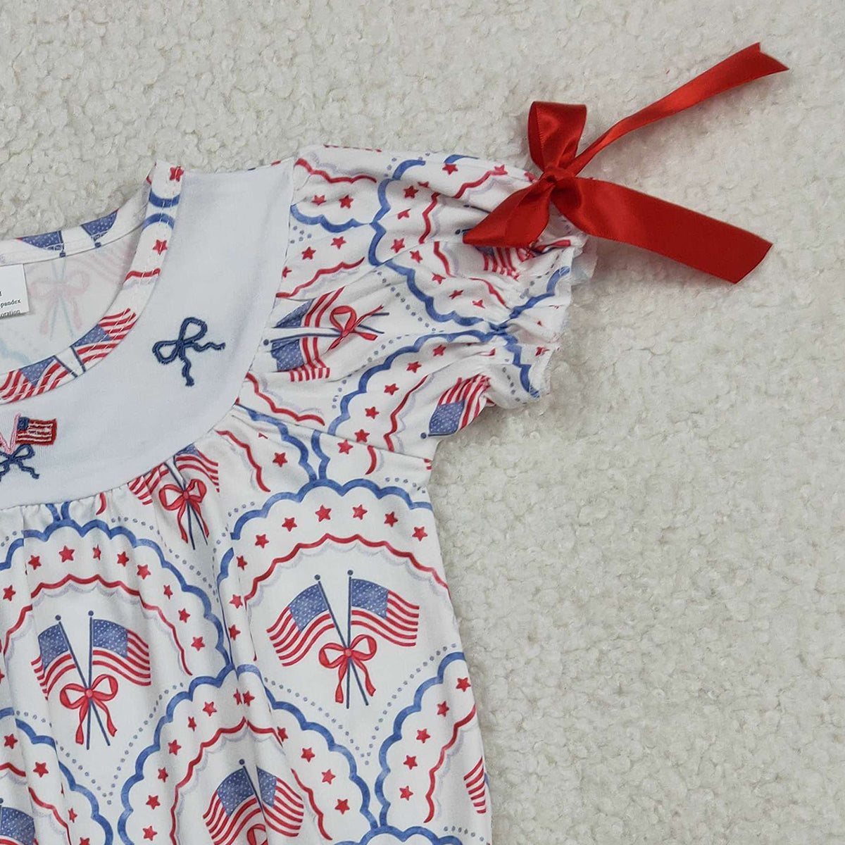 RTS NO MOQ SR3887 Embroidered Baby Girls Bows Flags Ruffle Rompers Checked 4th of July Outfit for Girls