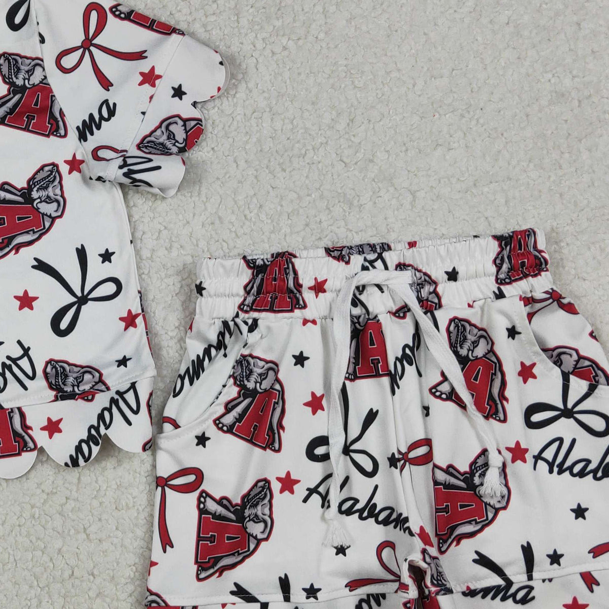 RTS NO MOQ GSSO3253 Baby Girls Star Bows Print Top Scallop Shorts Outfit Set Team Clothing for Kids