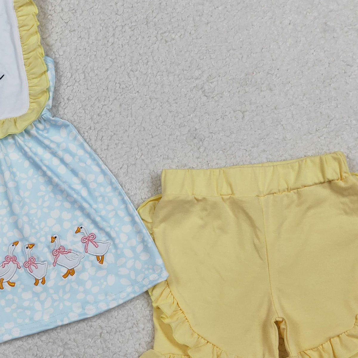 RTS NO MOQ GSSO2796  Embroidery Silly Gooses Baby Girls Floral Tunic Ruffle Shorts Outfit Set Cute Girl's Clothing