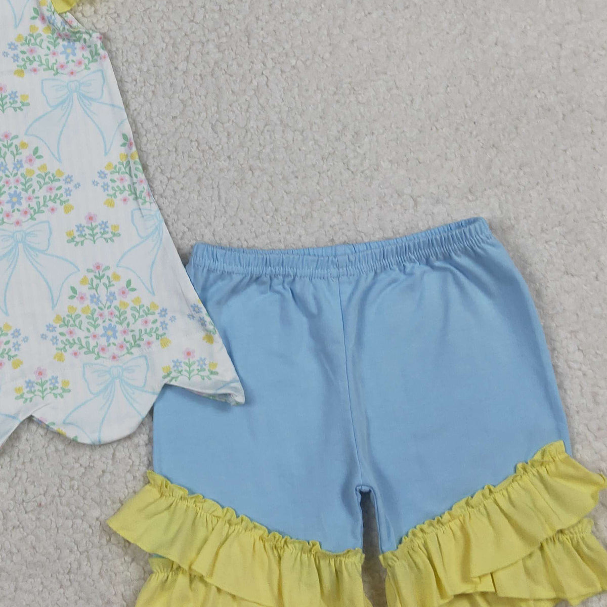 RTS NO MOQ GSSO2767 Baby Girls Bow Flowers Checked Scallop Tunic Ruffle Shorts Outfit Set Cute Clothing