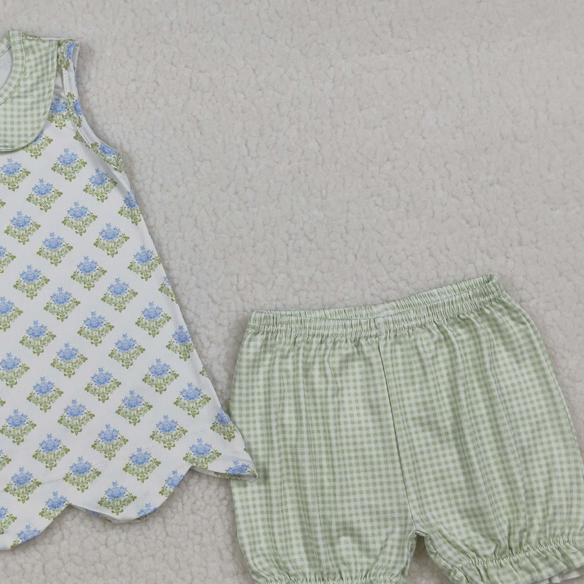 RTS NO MOQ GSSO2850 Baby Girls Plaid Collar Tunic And Ruffle Shorts Outfit Set Floral Print Baby Girl's Clothing Set