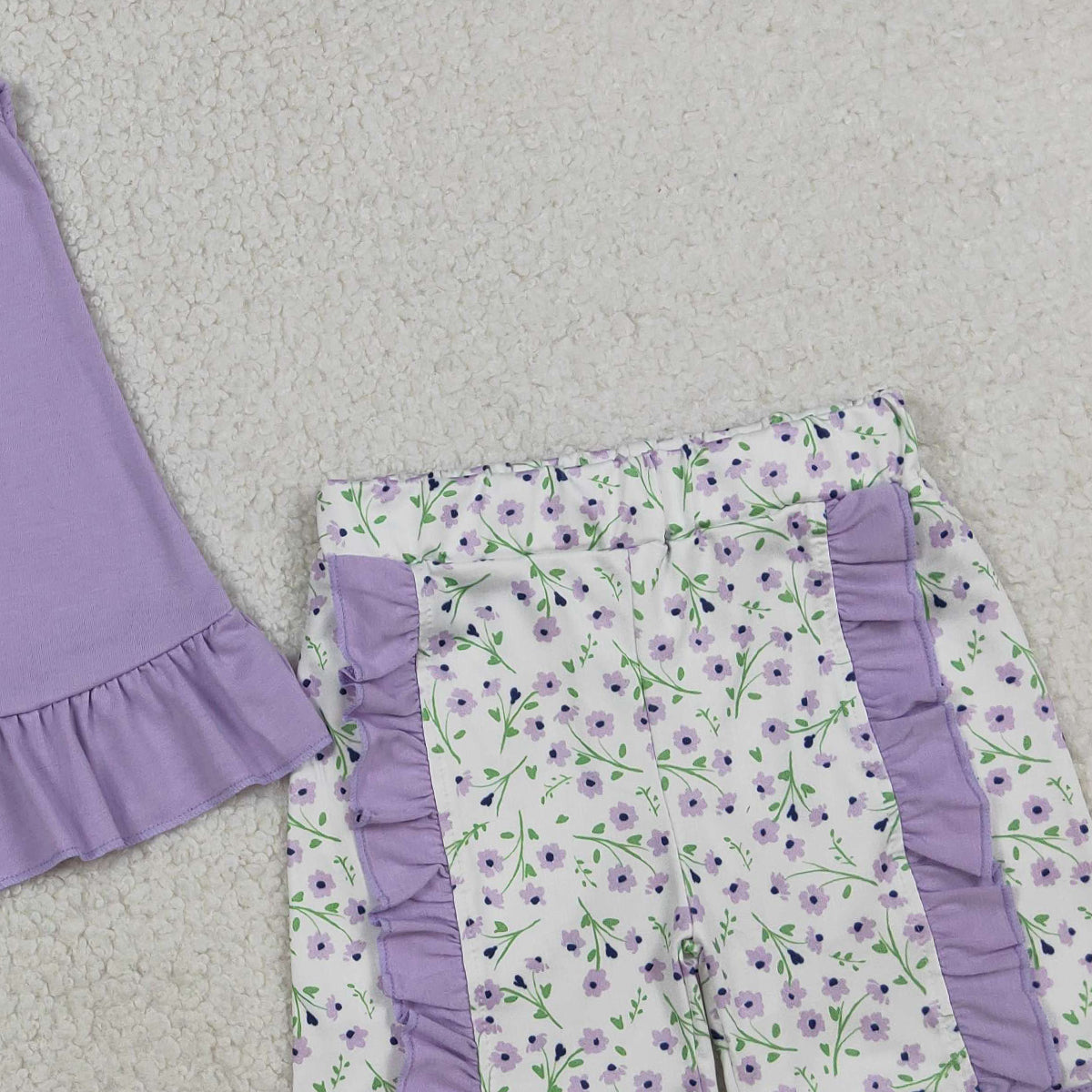 RTS NO MOQ GSSO2774 Embroidery Floral Goose Baby Girls Lavender Tunic And Ruffle Shorts Outfit Set