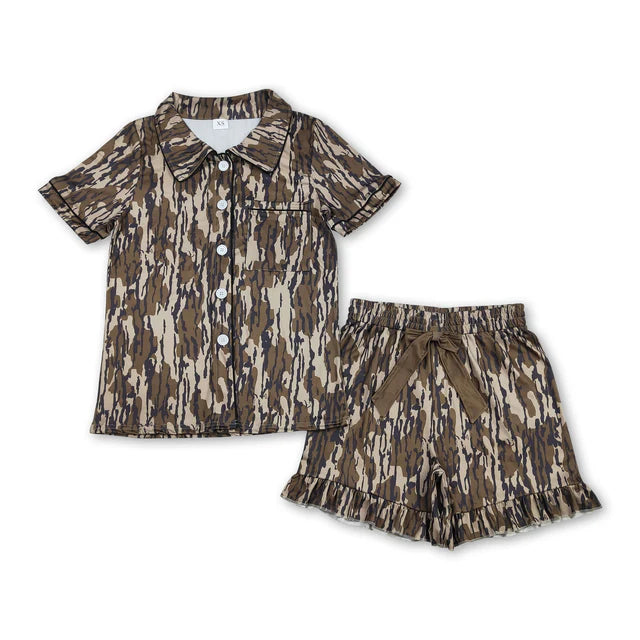 RTS NO MOQ Sibling Adult Women Camo Button Pocket Top Ruffle Shorts Pajamas Set