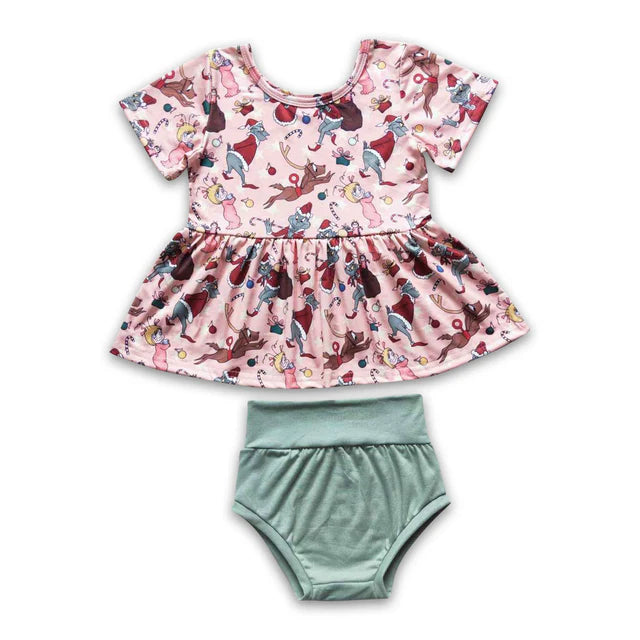 RTS NO MOQ Sibling Baby Girls Pink Christmas Deer Frog Bummie Sets