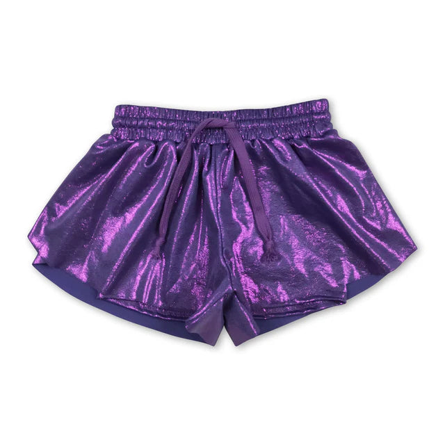 RTS NO MOQ Sibling Baby Girls Purple Leather Ruffle Shorts Bottoms