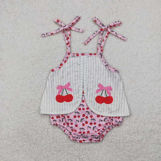 RTS NO MOQ SR2279 Bow pattern cherry stripe pink camisole jumpsuit
