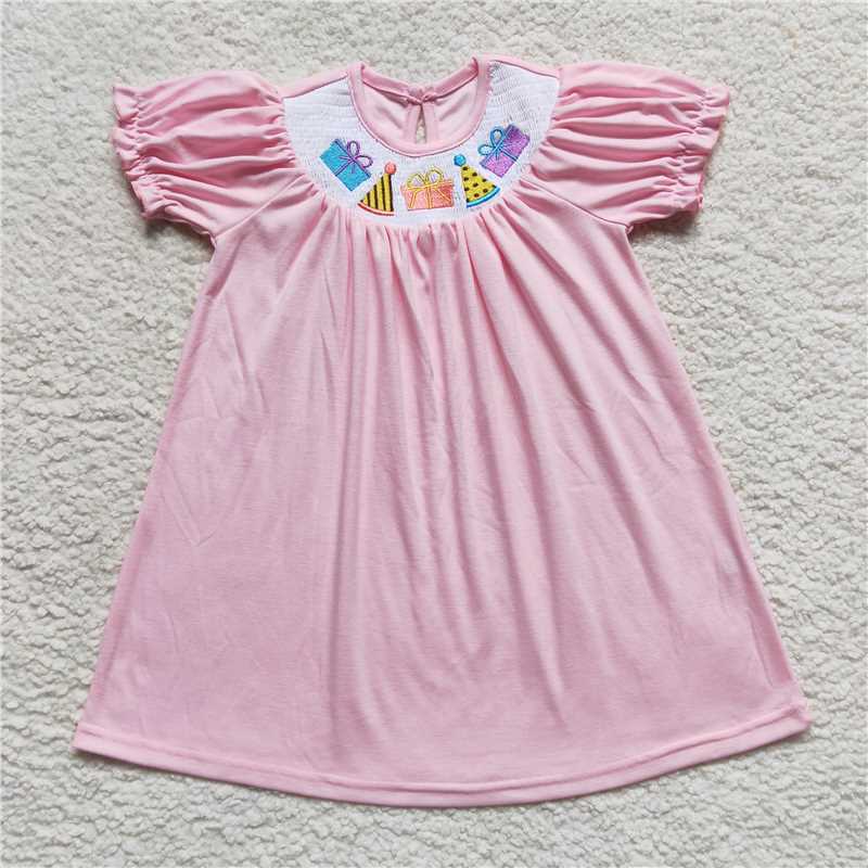 RTS NO MOQ Sibling baby girl clothes Gift Box-Birthday Hat-Cake Pattern Short Sleeve Dresses
