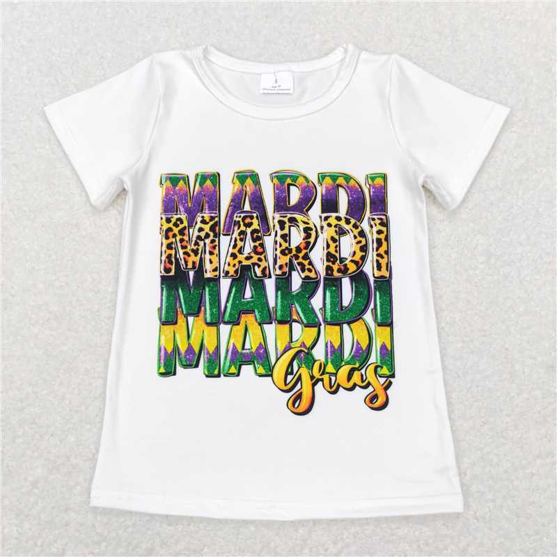 SALES NEW Baby Girls White Mardi Gras Short Sleeve Tee Shirt Top for Kids Birthday Party Carnival Costume