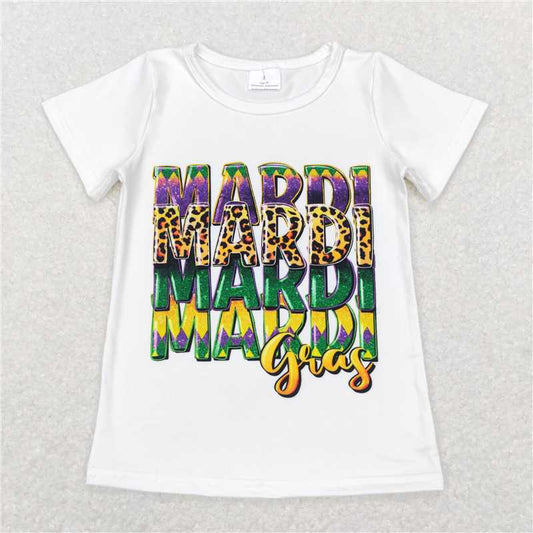 SALES NEW Baby Girls White Mardi Gras Short Sleeve Tee Shirt Top for Kids Birthday Party Carnival Costume