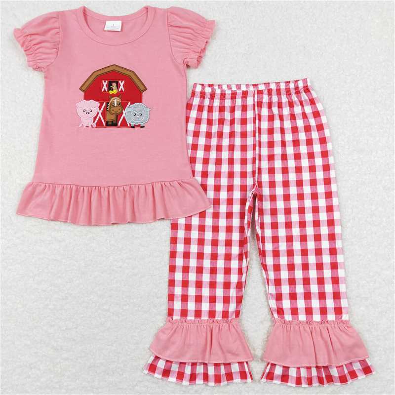 RTS NO MOQ Sibling baby girls clothes Embroidered Animal-House Pattern Bubble Short Sleeve Pants Set & Climbing Suit