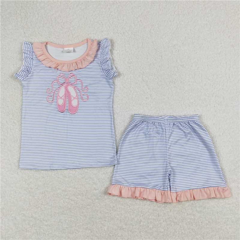RTS NO MOQ Embroidered pink ballet shoes blue striped flying sleeves long-sleeved suit & short-sleeved shorts suit & climbing suit