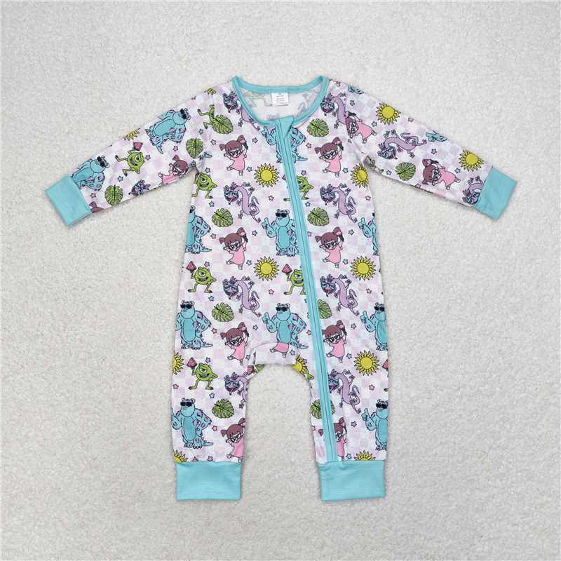 RTS NO MOQ Bamboo Little Girls Pattern Light Purple Long Zipper Romper