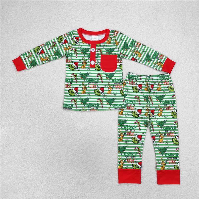 RTS NO MOQ Green striped long sleeve pajamas for boys and girls