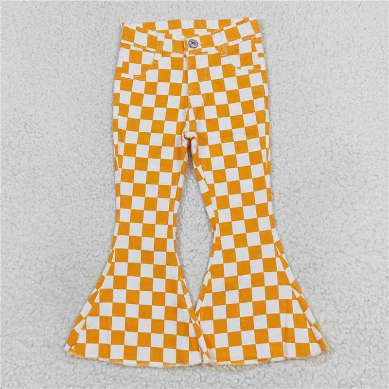 RTS NO MOQ Sibling baby girl clothes Plaid Button-Down Skinny Denim Flared Pants: Orange & Blue