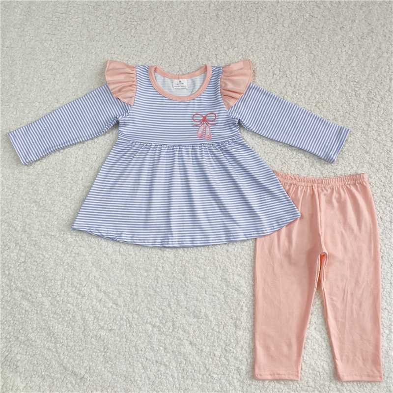 RTS NO MOQ Embroidered pink ballet shoes blue striped flying sleeves long-sleeved suit & short-sleeved shorts suit & climbing suit
