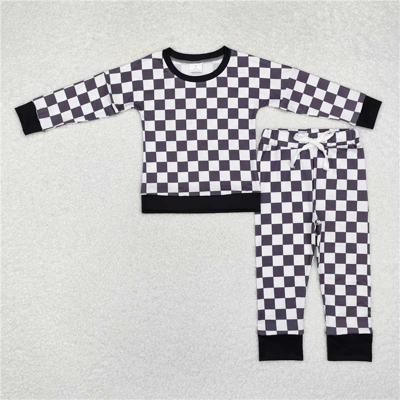RTS NO MOQ Sibling baby boy clothes Dark Brown Plaid Long Suit & Black and White Plaid Long Hooded Suit