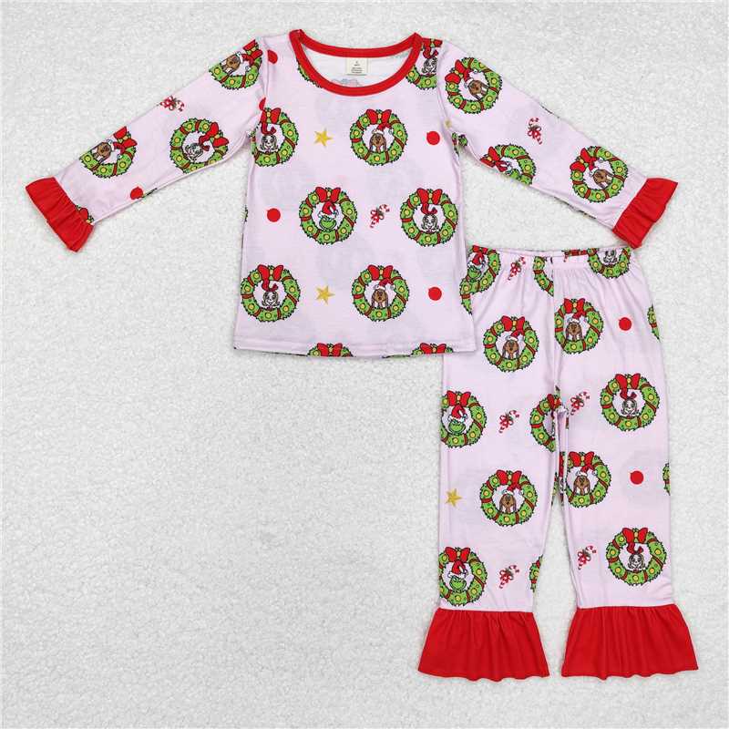 RTS NO MOQ GLP1741 LR1664 Green Christmas Wreath Light Pink Long Sleeve Suit & Romper