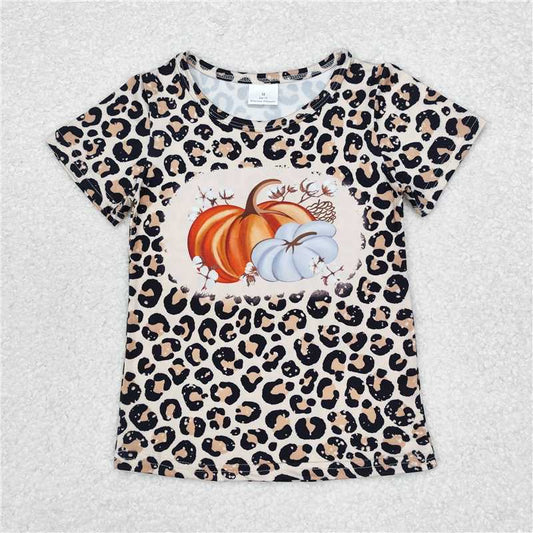 SALES NEW Baby Girls Leopard Pumpkins Short Sleeve Tee Shirts Tops for Autumn Comfortable Cotton Graphic Print Baby Girl's Top