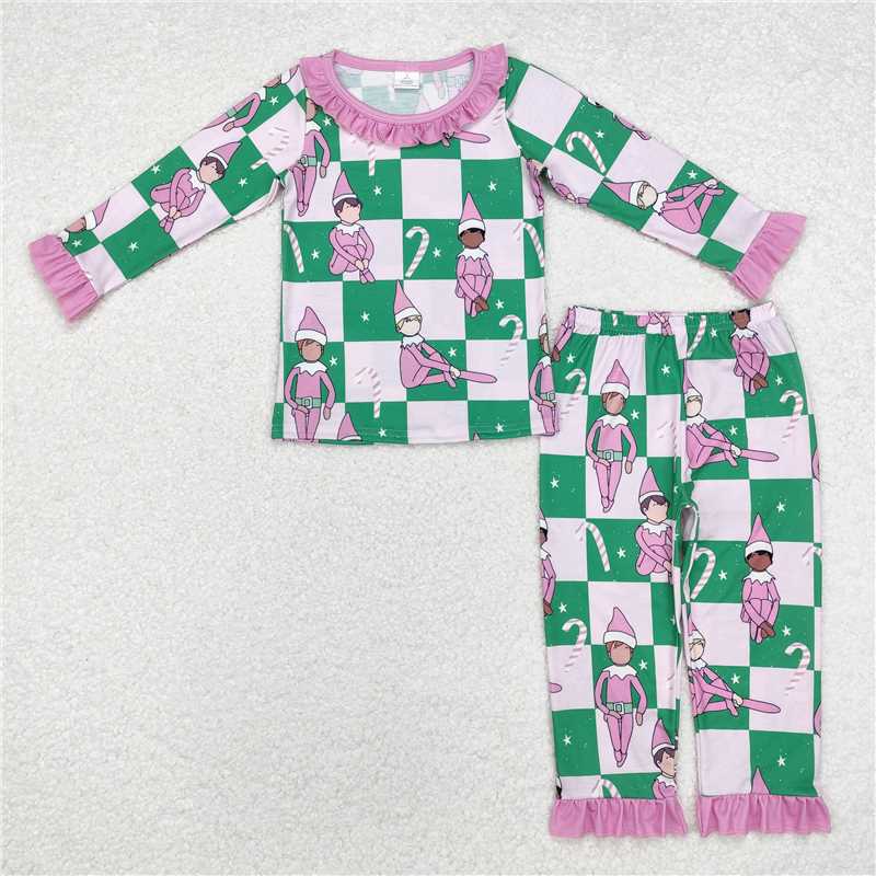 RTS NO MOQ  bamboo Green  plaid long-sleeved suit & romper with a little man wearing a Christmas hat