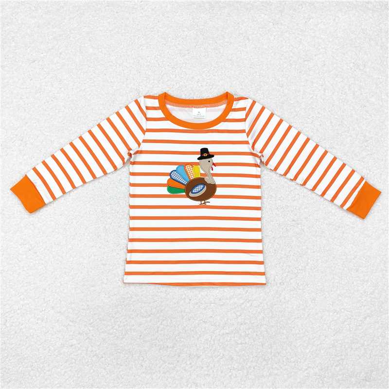 RTS NO MOQ Embroidered turkey pattern blue and white stripes & orange and white stripes long sleeve top