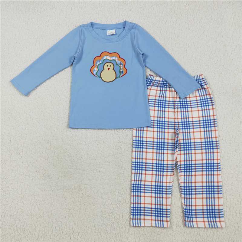 RTS NO MOQ Sibling Baby boy clothes Embroidery turkey long-sleeved trousers suit & rompers