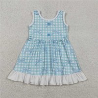 RTS NO MOQ Sibling Baby Girls Blue Checked Bows Sleeveless Ruffle Knee Length Dresses
