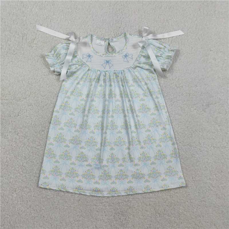 RTS NO MOQ Sibling Baby Girls Smocked Bows Knee Length Dress Rompers with Short Ruffle Sleeves Floral Print