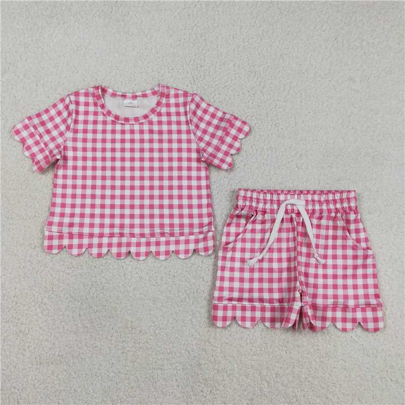 RTS NO MOQ Sibling Baby Girls Checked Shirt Top with Scallop Pockets And Shorts Outfit Set