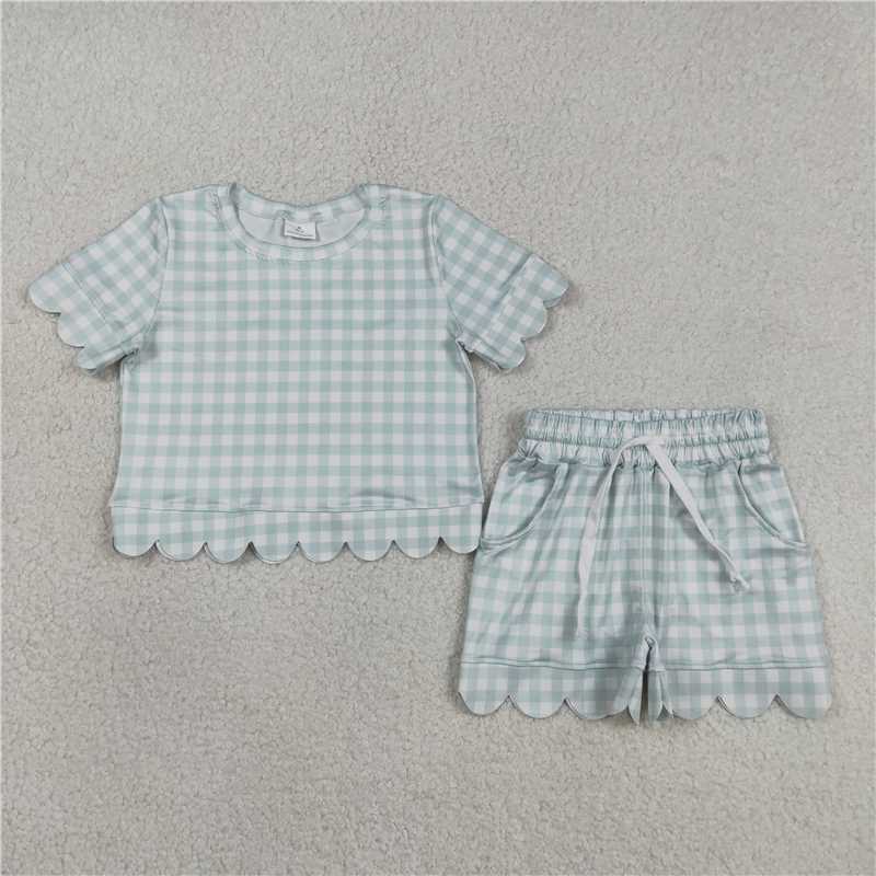 RTS NO MOQ Sibling Baby Girls Checked Shirt Top with Scallop Pockets And Shorts Outfit Set