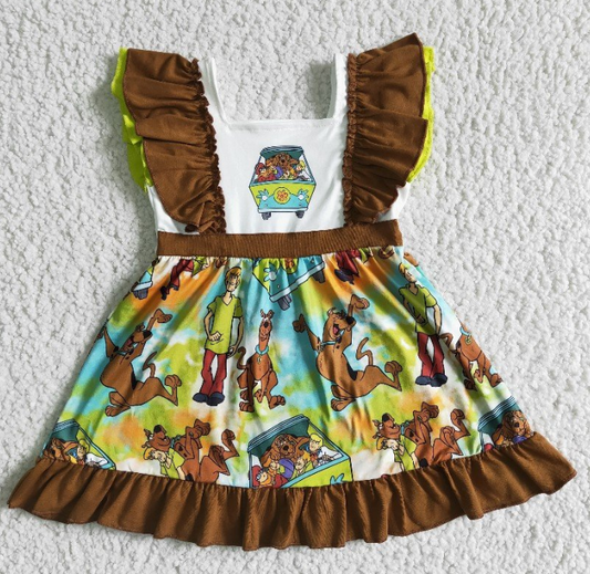 SALES NEW Baby Girls Dog Knee-Length Car Dress Cute Children's Brown Flutter-Sleeve Clothing Soft Material Comfortable for Kids