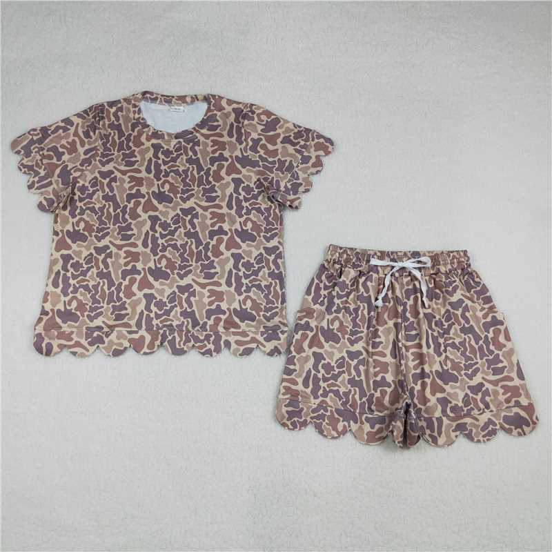 RTS NO MOQ Sibling Adult Women's Short Sleeve Shirt Top with Pockets Short Scallop Clothes Set