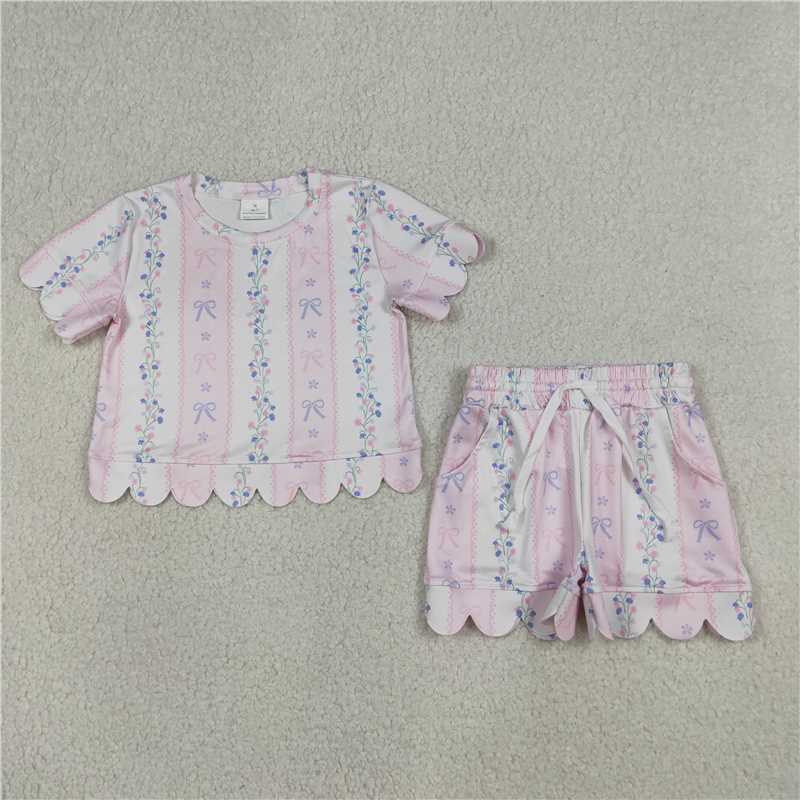 RTS NO MOQ Sibling milk silk Baby Girls Cute Colorful Flowers Scallop Edge Short Sleeve Clothes Set