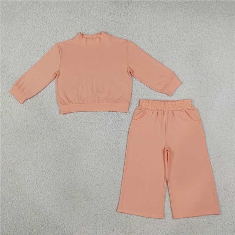 RTS NO MOQ Sibling cotton Baby Girls High Neck Solid Leopard Long Sleeve Top And Wide Leg Pant Casual Set