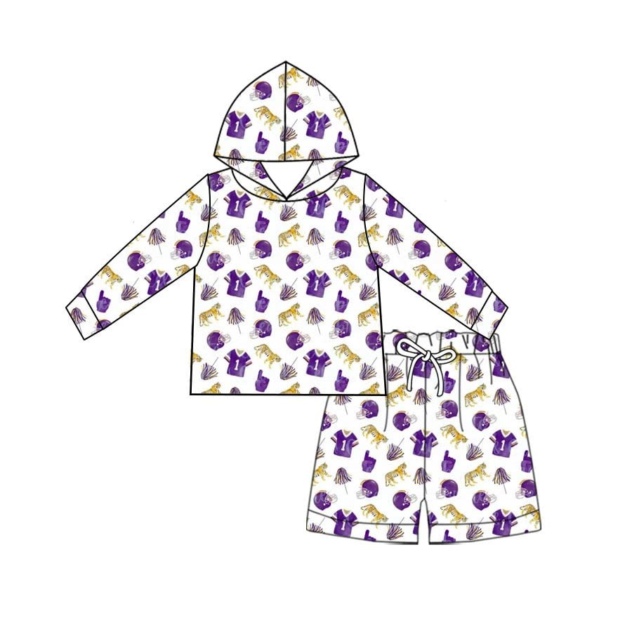 custom moq 5 mix size ATL062505 Baby Boys Purple Team Print Top Shorts Set With Matching Sleeveless Romper