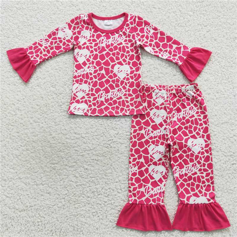 SALES  NEW Baby Girls Pink Doll Heart Ruffle Pants Pajamas Set Cute Baby Girl Sleepwear Comfortable Cotton Clothes Set