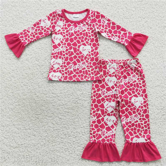 SALES  NEW Baby Girls Pink Doll Heart Ruffle Pants Pajamas Set Cute Baby Girl Sleepwear Comfortable Cotton Clothes Set