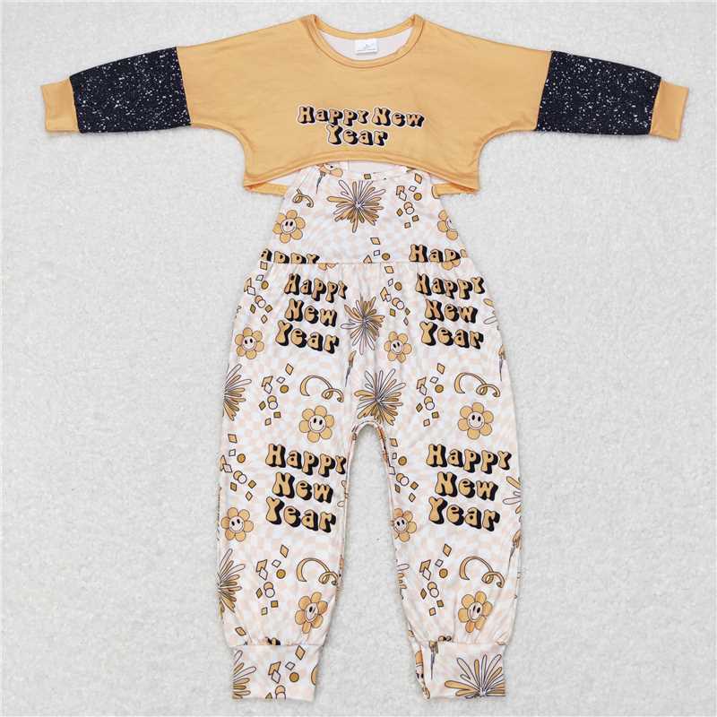 RTS NO MOQ Tan Happy New Year Overalls & Tops & Long Sleeves Set