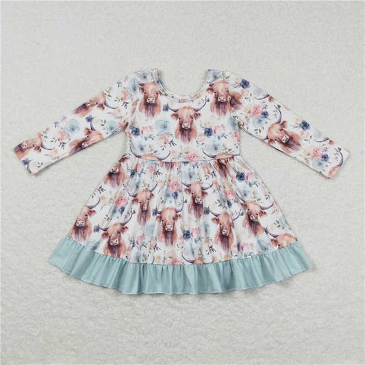 SALES NEW Baby Girls Highland Cows Top Western Style Knee-Length Dresses Children's Clothing