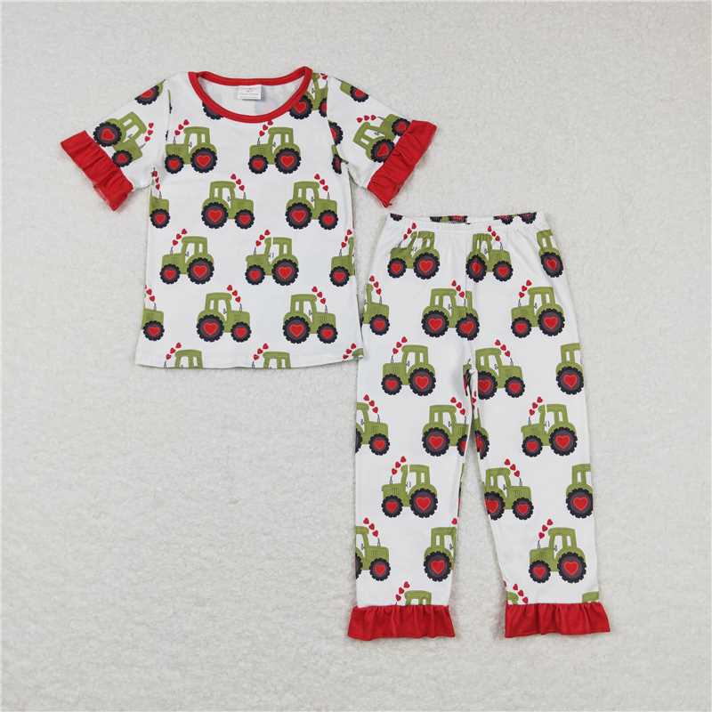 RTS NO MOQ（In Stock) GSPO0978 Love tractor white and red lace short-sleeved trousers cover outfits